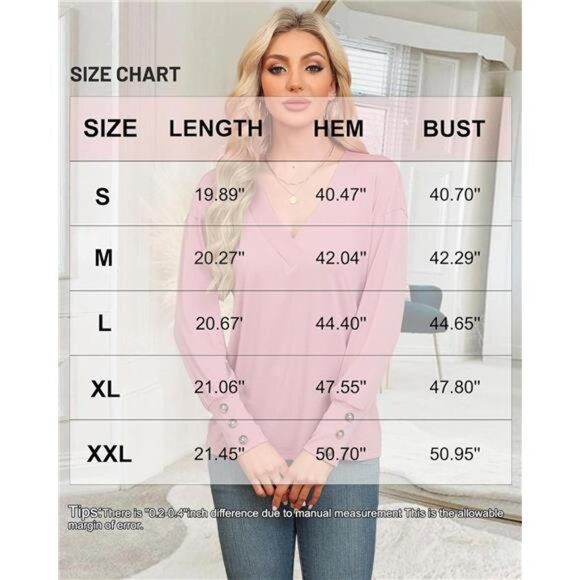 Women's V-Neck Button-Down Long Sleeve Casual T-Shirt Blouse - Picture 6 of 6